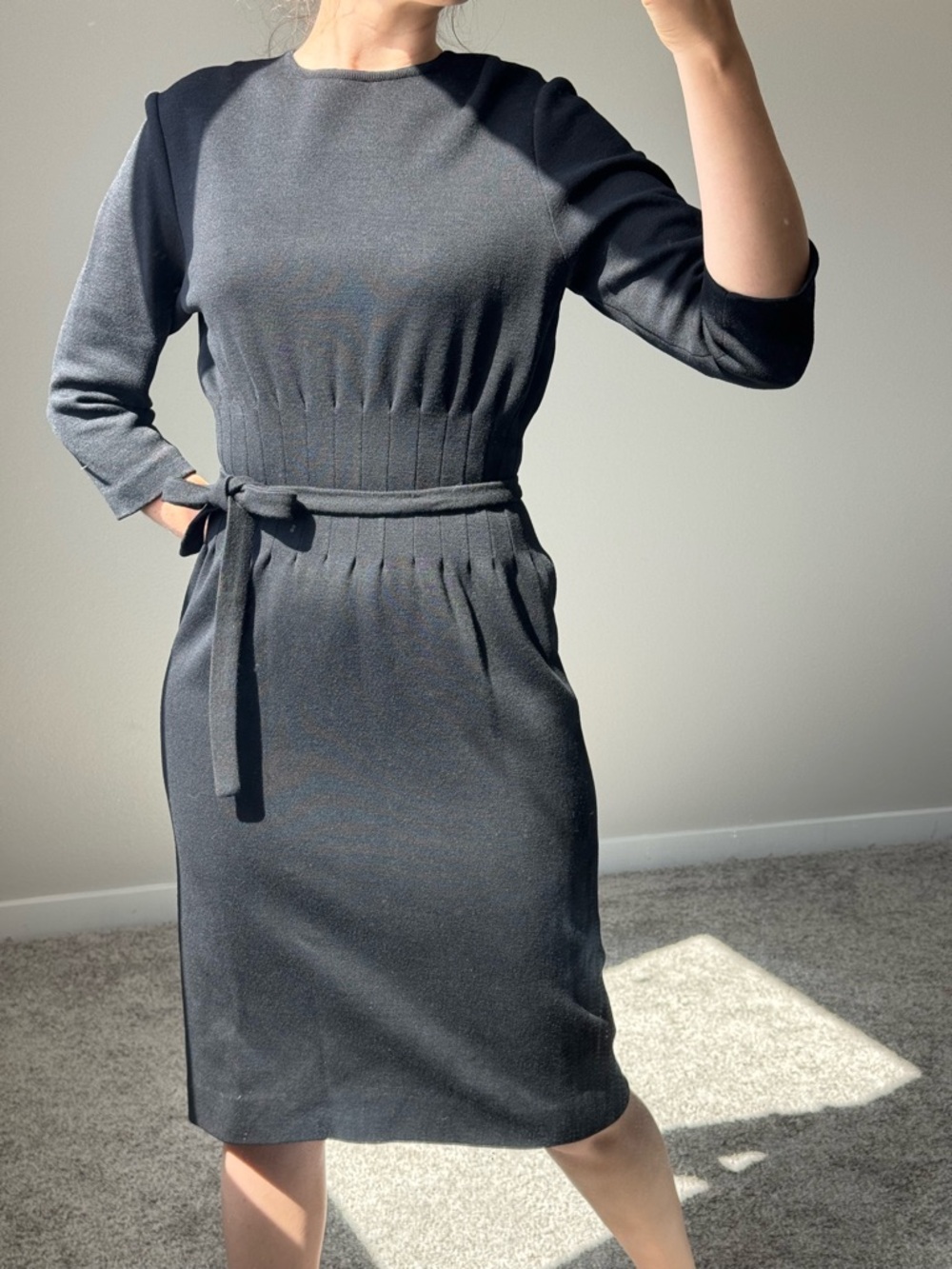 VTG 100% Wool Dress Black M Structured Midi Old Money Minimalist Goth